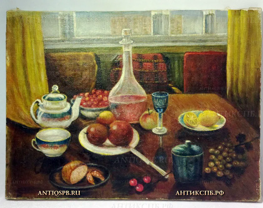 Картина "Натюрморт с посудой и фруктами". Холст, масло. Кон. ХХ века. №21163